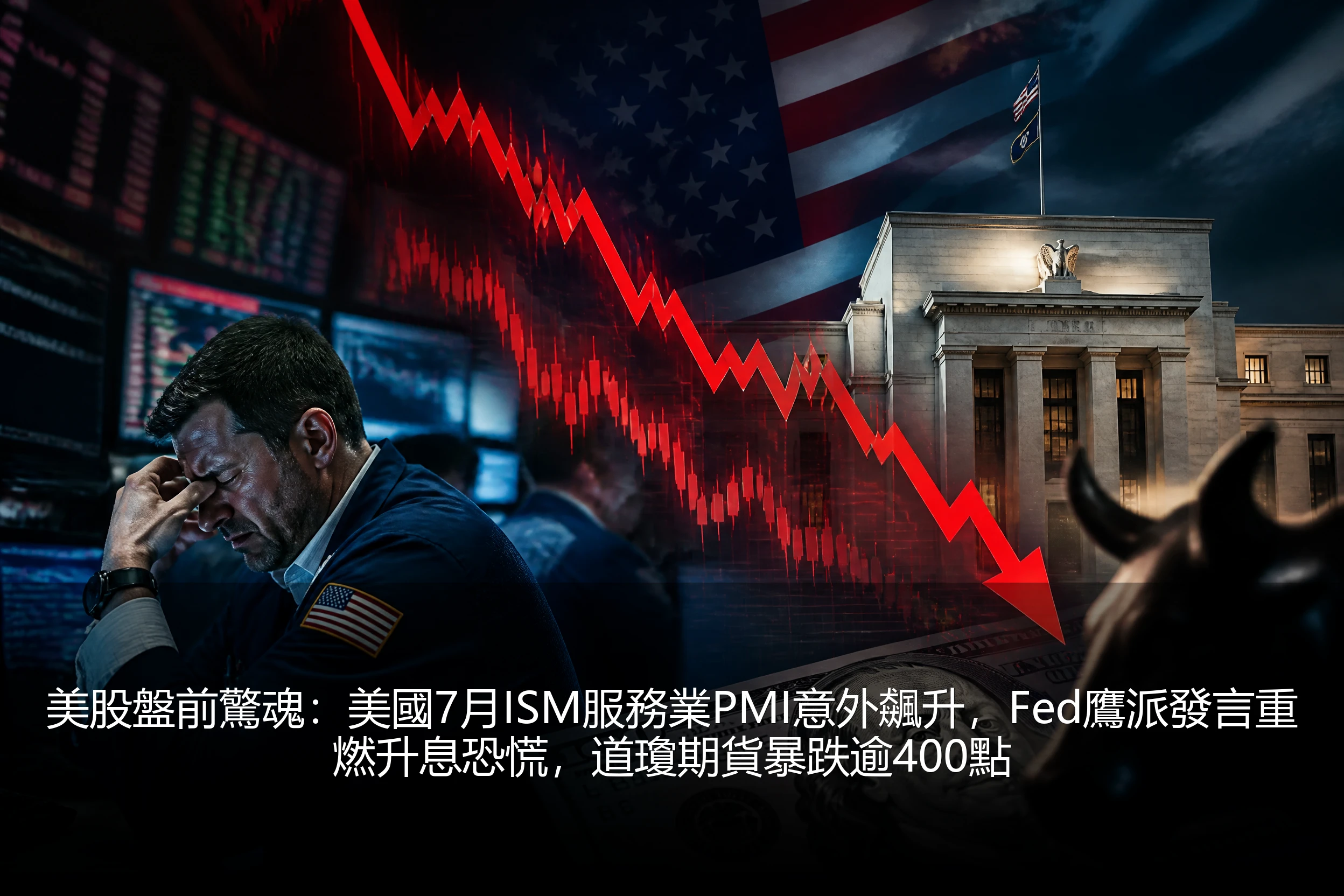 美股盤前驚魂：美國7月ISM服務業PMI意外飆升，Fed鷹派發言重燃升息恐慌，道瓊期貨暴跌逾400點